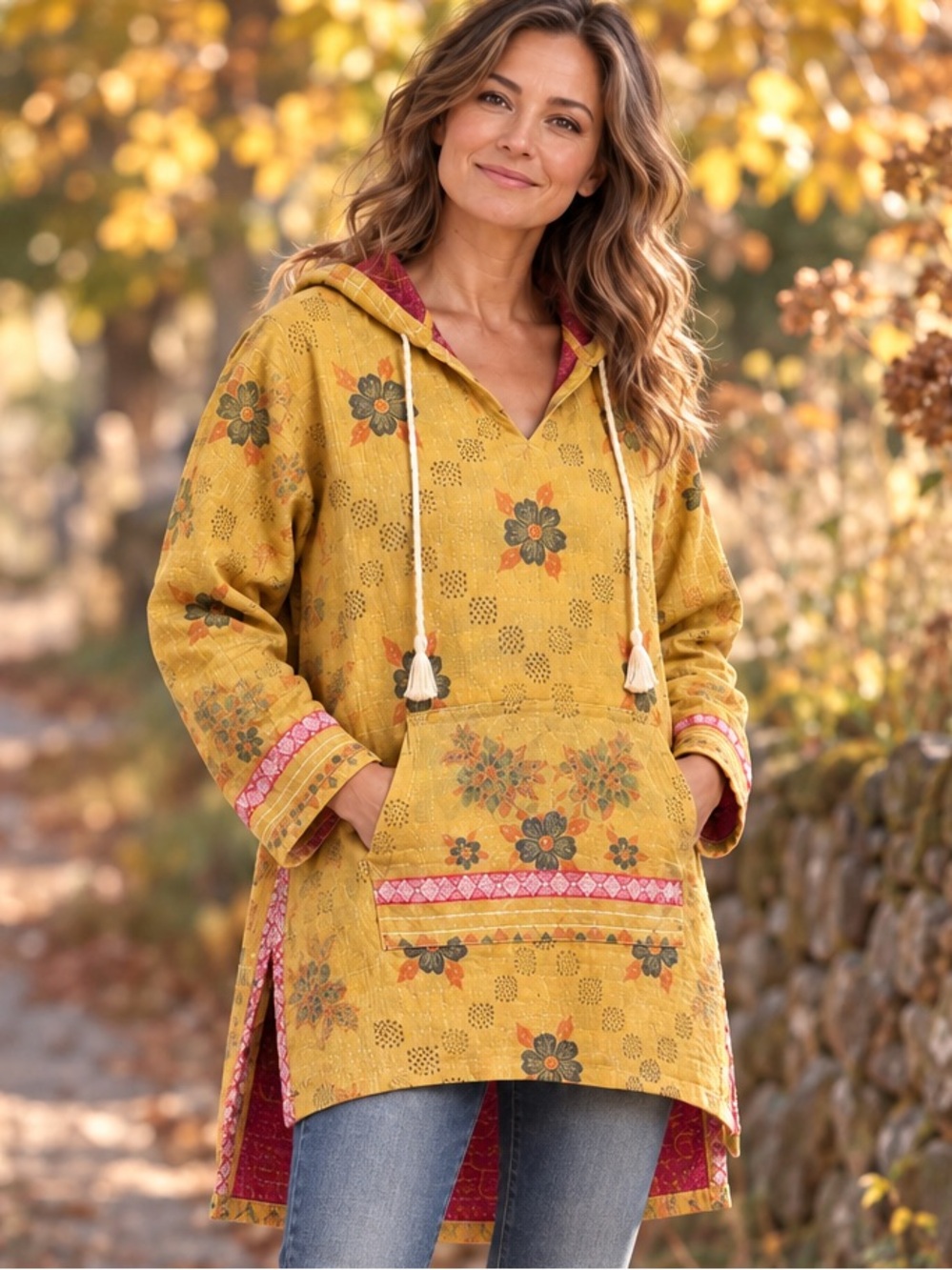 Kantha Bae Floral Kantha Hooded High Low Tunic Size M Boho